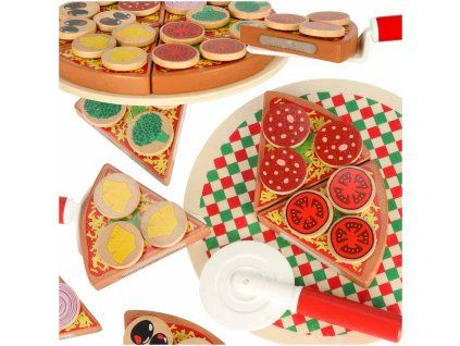 Pizza drewniany zestaw do zabawy na rzep akcesoria lopatka noz talerz nauka krojenia 20cm 168550